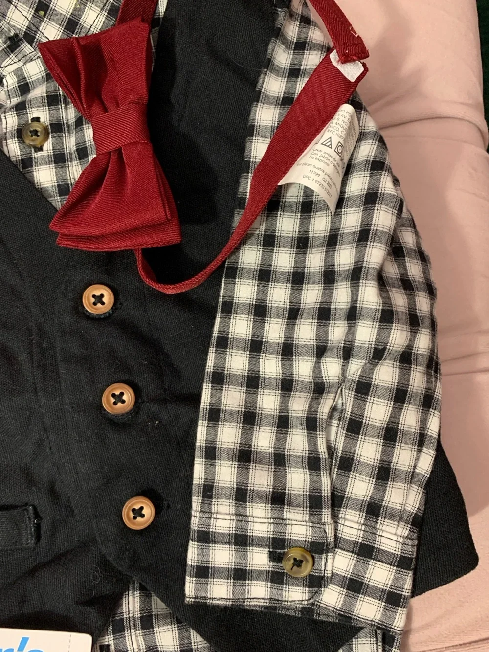 Carter's Black and White Plaid Onesie with Red Bow Tie Accent and Pants
